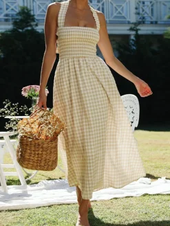 Countryside Plaid Print Halter Criss Cross Long Dress White Dresses|Casual Dresses