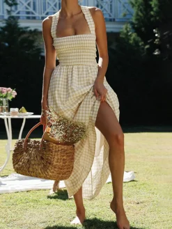 Countryside Plaid Print Halter Criss Cross Long Dress White Dresses|Casual Dresses