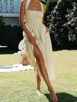 Countryside Plaid Print Halter Criss Cross Long Dress White Dresses|Casual Dresses
