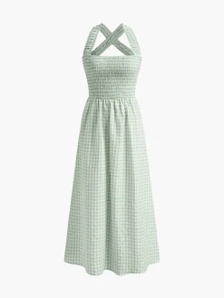 Countryside Plaid Print Halter Criss Cross Long Dress White Dresses|Casual Dresses