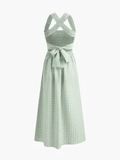 Countryside Plaid Print Halter Criss Cross Long Dress White Dresses|Casual Dresses