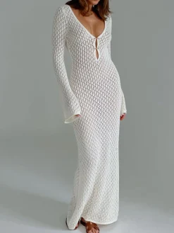 New Cover Up Long Sleeve Open Back Long Dress White Dresses|Black Dresses