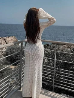 New Cover Up Long Sleeve Open Back Long Dress White Dresses|Black Dresses