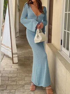 New Cover Up Long Sleeve Open Back Long Dress White Dresses|Black Dresses
