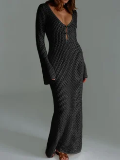 New Cover Up Long Sleeve Open Back Long Dress White Dresses|Black Dresses