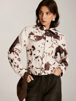 Online Cow Printed Tweed Short Jacket Outerwear|Jackets