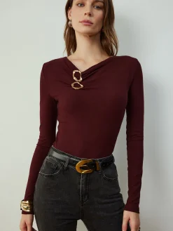 Cowl Neck Metal Decor Slim Blouse Blouses & Shirts|Tops