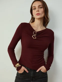 Cowl Neck Metal Decor Slim Blouse Blouses & Shirts|Tops