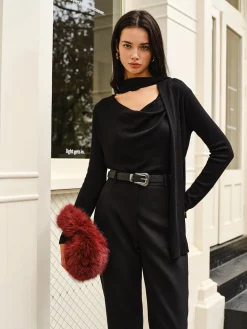 Clearance Cowl Neck Ribbon Knit Top Sweater Tops|Sweaters & Cardigans