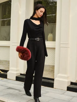 Clearance Cowl Neck Ribbon Knit Top Sweater Tops|Sweaters & Cardigans
