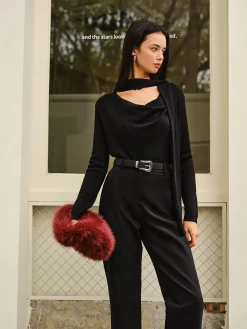 Clearance Cowl Neck Ribbon Knit Top Sweater Tops|Sweaters & Cardigans
