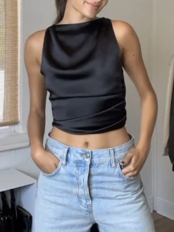 Discount Cowl Neck Ruched Open Back Crop Top Crop Tops|Tank Tops & Camis