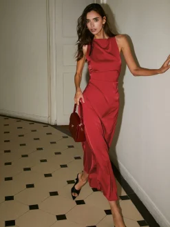 Clearance Cowl Neck Satin Back Cross Long Dress Black Dresses|Cocktail & Party Dresses