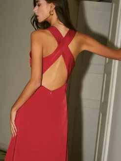 Clearance Cowl Neck Satin Back Cross Long Dress Black Dresses|Cocktail & Party Dresses