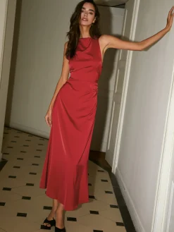 Clearance Cowl Neck Satin Back Cross Long Dress Black Dresses|Cocktail & Party Dresses