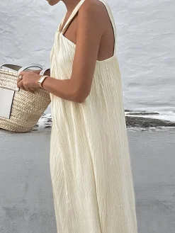 New Creamy Halter Long Dress Casual Dresses|Summer Dresses