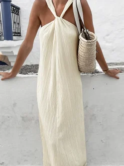 New Creamy Halter Long Dress Casual Dresses|Summer Dresses