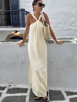 Clearance Creamy Halter Long Dress White Dresses|Casual Dresses