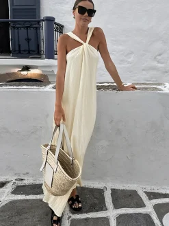 Clearance Creamy Halter Long Dress White Dresses|Casual Dresses