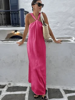 Clearance Creamy Halter Long Dress White Dresses|Casual Dresses