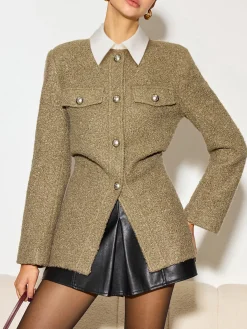 New Crew Neck Button Down Tweed Coat Outerwear|Tops