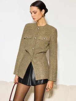 New Crew Neck Button Down Tweed Coat Outerwear|Tops