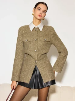 New Crew Neck Button Down Tweed Coat Outerwear|Tops
