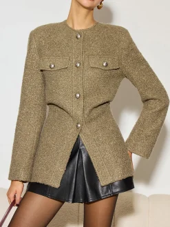 New Crew Neck Button Down Tweed Coat Outerwear|Tops