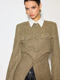New Crew Neck Button Down Tweed Coat Outerwear|Tops