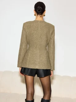 New Crew Neck Button Down Tweed Coat Outerwear|Tops