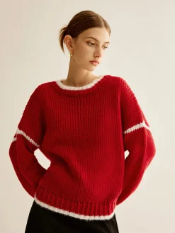 Online Crew Neck Contrast Binding Sweater Sweater Tops|Sweaters & Cardigans