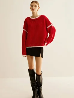 Online Crew Neck Contrast Binding Sweater Sweater Tops|Sweaters & Cardigans