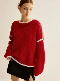 Online Crew Neck Contrast Binding Sweater Sweater Tops|Sweaters & Cardigans