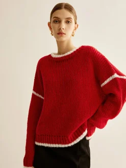 Online Crew Neck Contrast Binding Sweater Sweater Tops|Sweaters & Cardigans