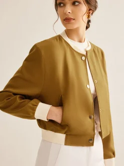 Sale Crew Neck Contrast Trim Button Jacket Outerwear|Jackets