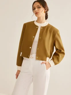 Sale Crew Neck Contrast Trim Button Jacket Outerwear|Jackets