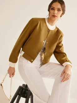 Sale Crew Neck Contrast Trim Button Jacket Outerwear|Jackets