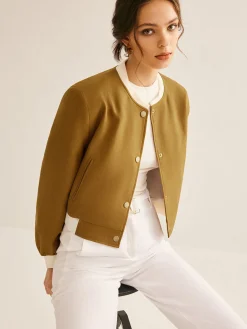 Sale Crew Neck Contrast Trim Button Jacket Outerwear|Jackets
