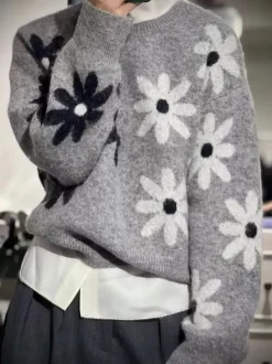 Clearance Crew Neck Daisy Pattern Sweater Sweater Tops|Sweaters & Cardigans