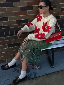 Online Crew Neck Flower Mechanism Knitting Top Sweater Tops|Sweaters & Cardigans