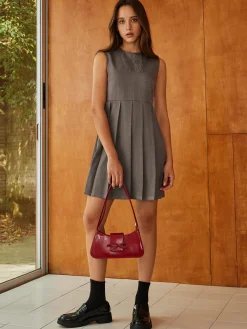 New Crew Neck Panel Pleated Tank Dress Casual Dresses|Short Dresses