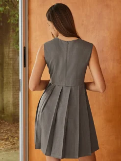 New Crew Neck Panel Pleated Tank Dress Casual Dresses|Short Dresses