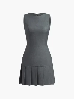 Hot Crew Neck Pleated Zipper Plain Dress Casual Dresses|Work Dresses