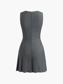 Hot Crew Neck Pleated Zipper Plain Dress Casual Dresses|Work Dresses