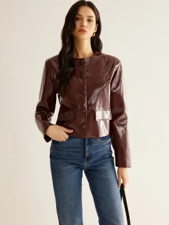 Hot Crew Neck PU Leather Short Blazer Outerwear|Blazers