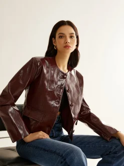 Online Crew Neck PU Leather Short Blazer Outerwear|Blazers