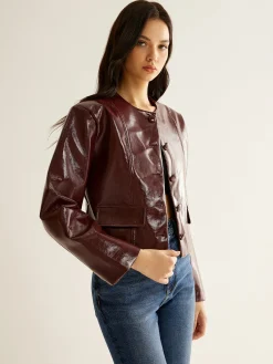 Online Crew Neck PU Leather Short Blazer Outerwear|Blazers