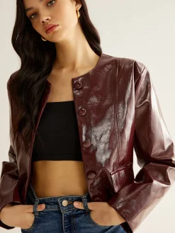 Online Crew Neck PU Leather Short Blazer Outerwear|Blazers