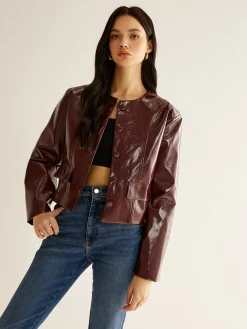 Online Crew Neck PU Leather Short Blazer Outerwear|Blazers