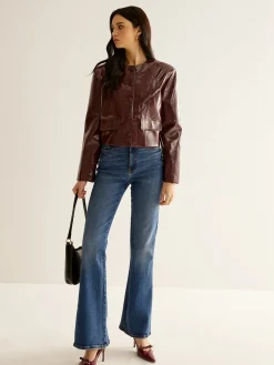 Online Crew Neck PU Leather Short Blazer Outerwear|Blazers